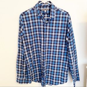 Express Mens Fitted Blue Plaid Button Down Top